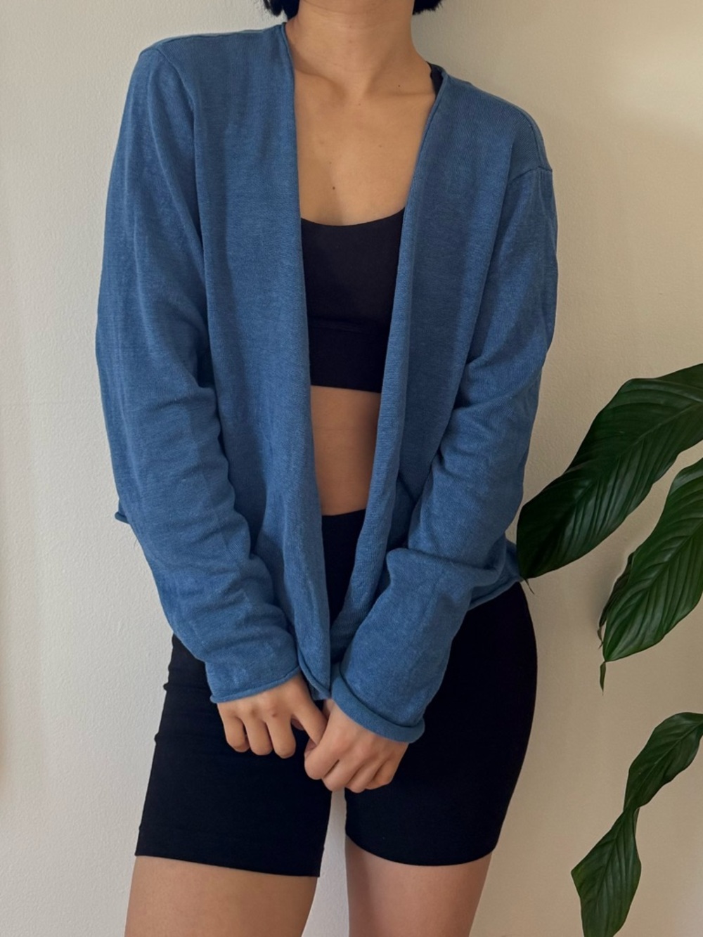 J Jill Linen Blend Open Front Blue Cardigan Rolled Hem Long Sleeves Size XL